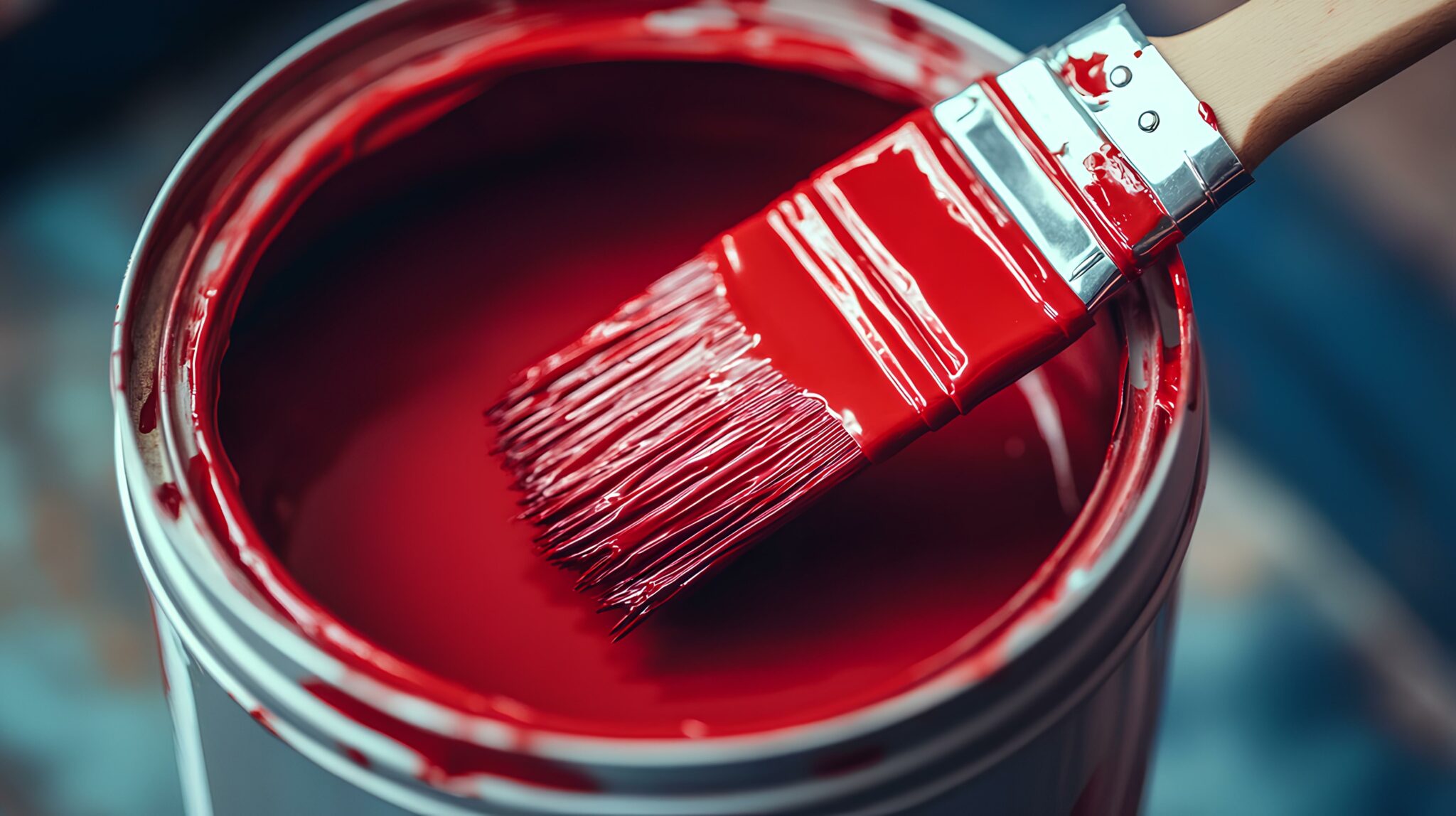 A close-up of a paint can filled with vibrant red paint, showcasing a paintbrush lightly dipped into the color. Comfort Contracting